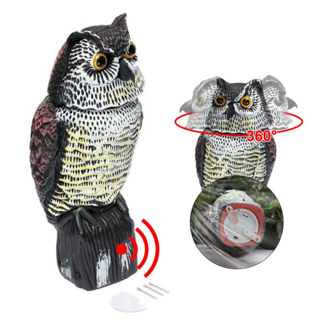 Realistische Vogel Scarer Roterende Kop Geluid Uil Prowler Decoy Bescherming Repellent Pest Control Vogelverschrikker Tuin Yard Bewegen: with sounds