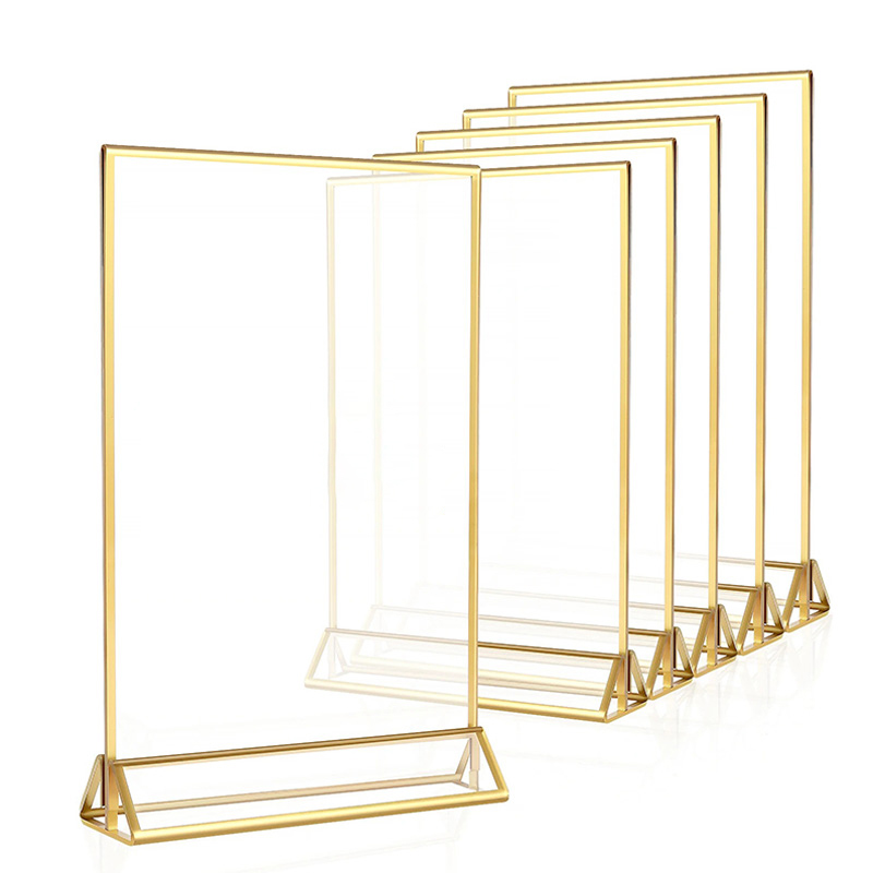 Transparenter Acryl-Beschilderungsständer, vielseitig einsetzbar, doppelseitig, goldener Rahmen, Hochzeit, Nummernschild, Tischflyer, Menü, Kartenständer