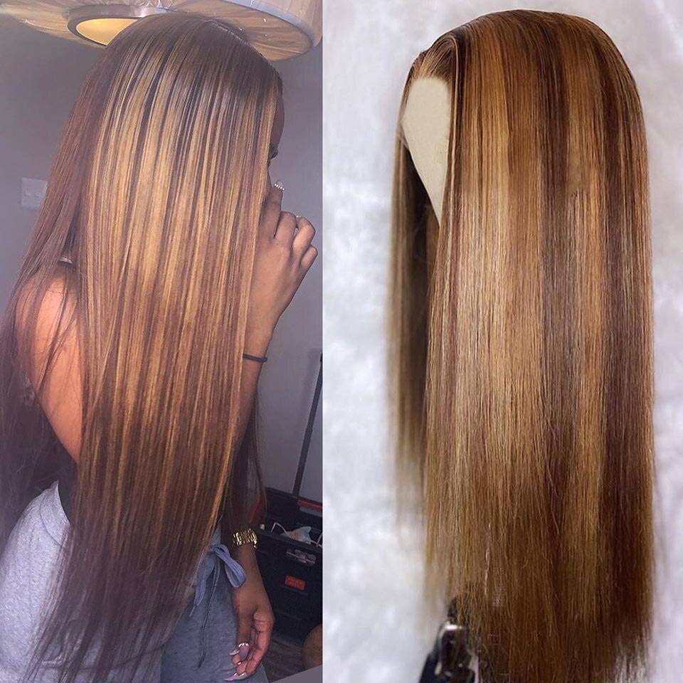 Highlights Color Synthetic Hair Wigs Ombre Long Straight Dark Brown Color Wig 24 Inch Heat Resistant Fiber With Natural Skin