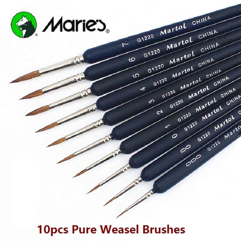 Marie 'S Wezel Haar Penselen Aquarel Acryl Olie Fijne Haak Lijn Pen Scriptliner Borstel 10 Pcs