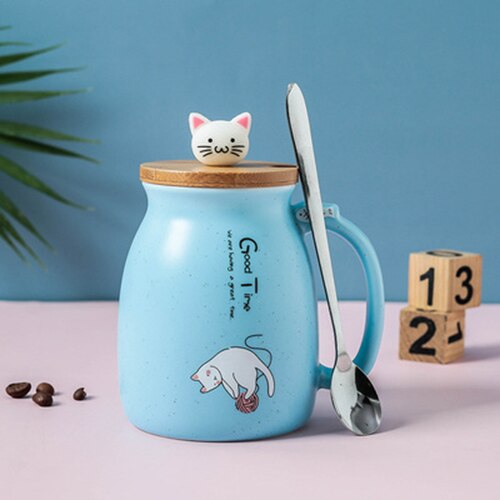 Color Cat Heat-Resistant Mug Cartoon with Lid Cup Kitten Coffee Milk Ceramic Mugs Children Cup Office Drinkware: Blue