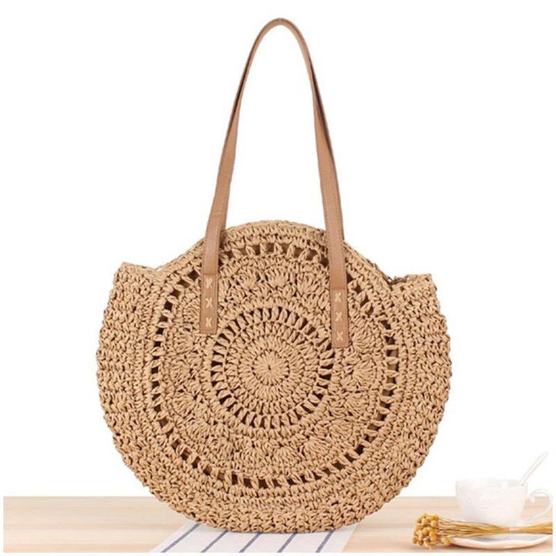 Tessuti A mano Rotonda della Donna Borsa del Sacchetto di Spalla Della Boemia di Estate Della Spiaggia Della Paglia Borsa Da Viaggio Shopping Tote Femminile di Vimini Borse: Khaki