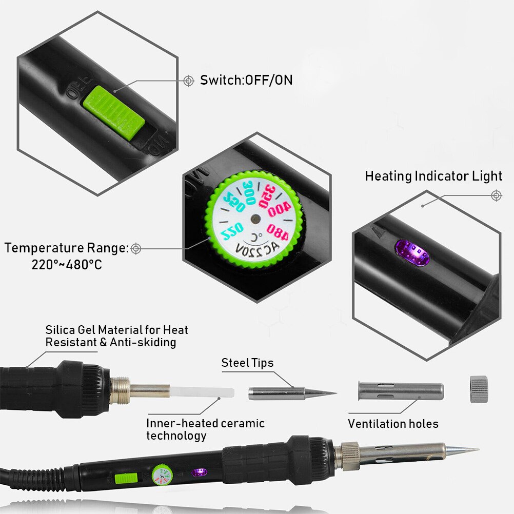 60W 220V Electric Soldering Iron Welding Solder Iron Adjustable Temperature with Soldering Tip Solder Wire