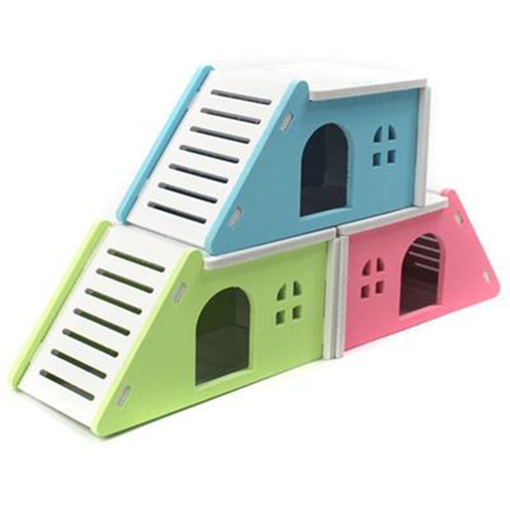 Two Layers Wooden Hamster House Hideout Hut Rat Hideaway Dwarf Hamster Mouse Small Animals Exercise Toys Blue Green Pink
