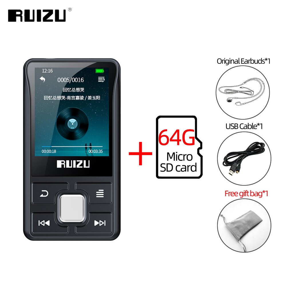 RUIZU-REPRODUCTOR DE música funcional X55 Clip Sport, portátil, con Bluetooth, MP3, 8GB, pantalla a Color, compatible con tarjeta TF, FM, grabación HD,: With 64GB TF Card