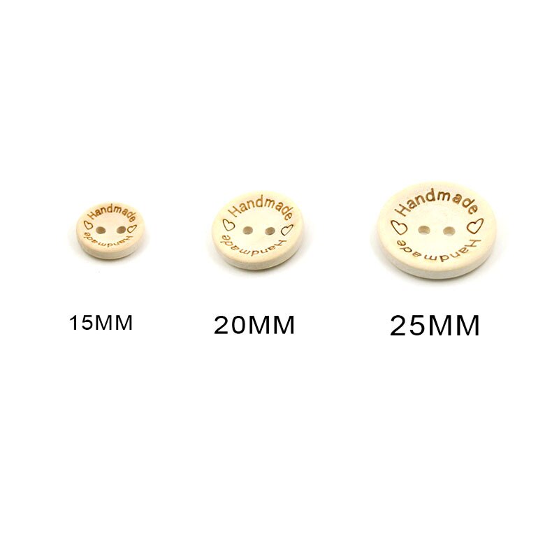 Botones de madera hechos a mano con amor, 2 agujeros, botón redondo, botones de bebé de Color Natural para Scrapbooking, manualidades, coser, 50 piezas