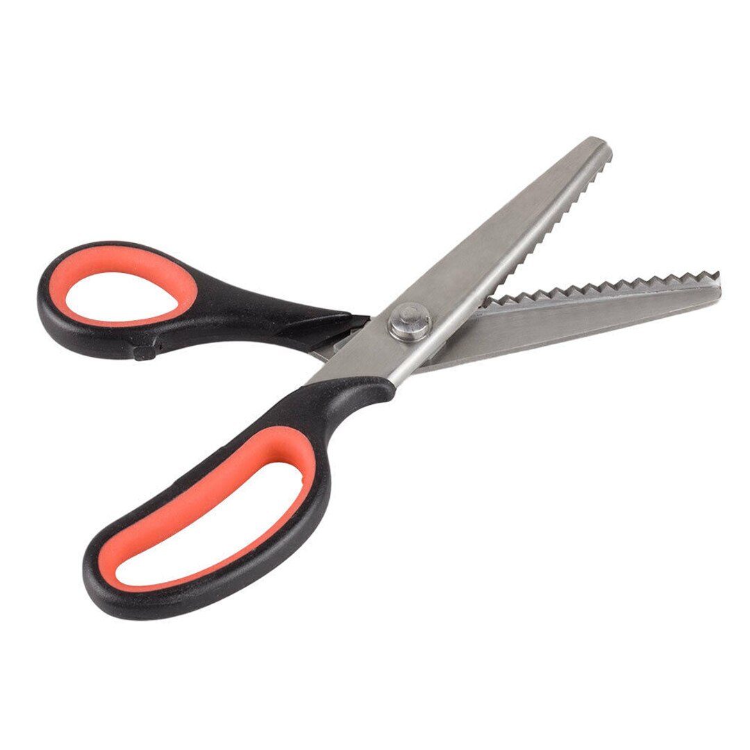 Tijeras de sastre de acero inoxidable, mango negro naranja, corte de borde zigzag para costura, forros de tela, herramienta de mano