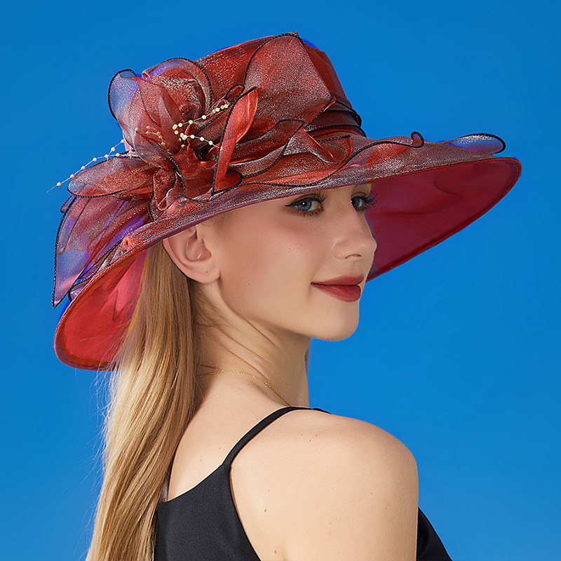 Chapéu de aba larga de organza vintage para mulheres novo vestido de igreja chapéu de casamento de noiva malha floral chapéu de sol festa praia bonés