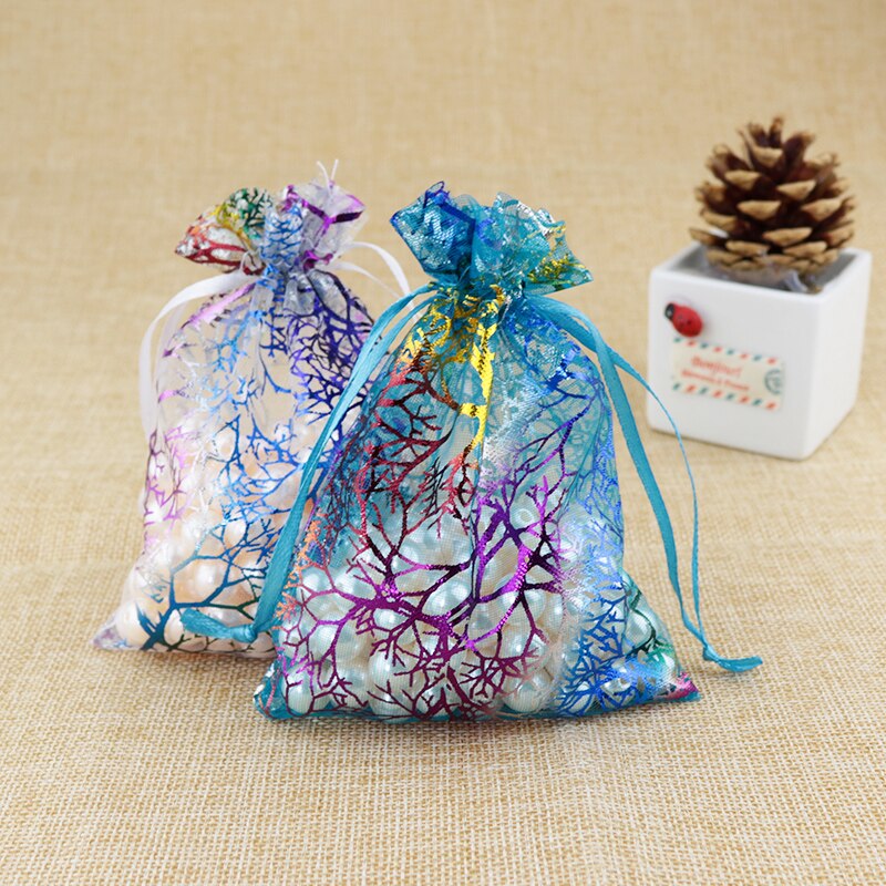 20 sztuk/partia koral wzór torby z organzy 7x9 9x12 13x18 cm Charms kosmetyki torby do pakowania biżuterii party sznurkiem prezent torba torebki