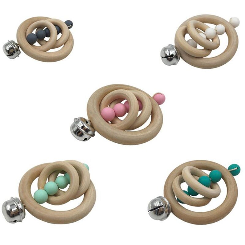 Creatieve Nuttig Thuis Kinderen Speelgoed Beuken Houten Ringen 80Mm Silicone Kralen Bijtring Play Gym Kinderwagen Speelgoed Baby rammelaar