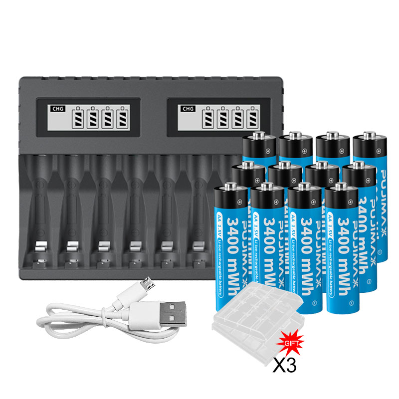 PUJIMAX 1.5V Rechargeable Lithium Battery 3400mWh Large Capacity Li-ion Battery With 8-slot 1.5V Li-ion Battery Charger: Gold