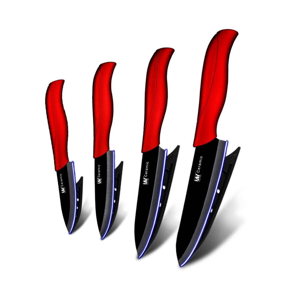 cuchillo de cerámica de 3 4 5 6 pulgadas Juego de cuchillos de cocina + pelador Zirconia negra blanco hoja de cuchillo de Chef vegetariana herramienta de cocina: Red H Black Blade