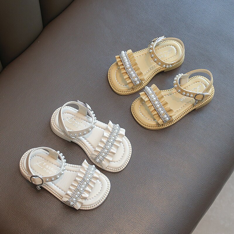 Sandálias da criança menina bege amarelo babados pérola doce crianças sliders praça toe 22-31 moda all-match crianças sapatos planos