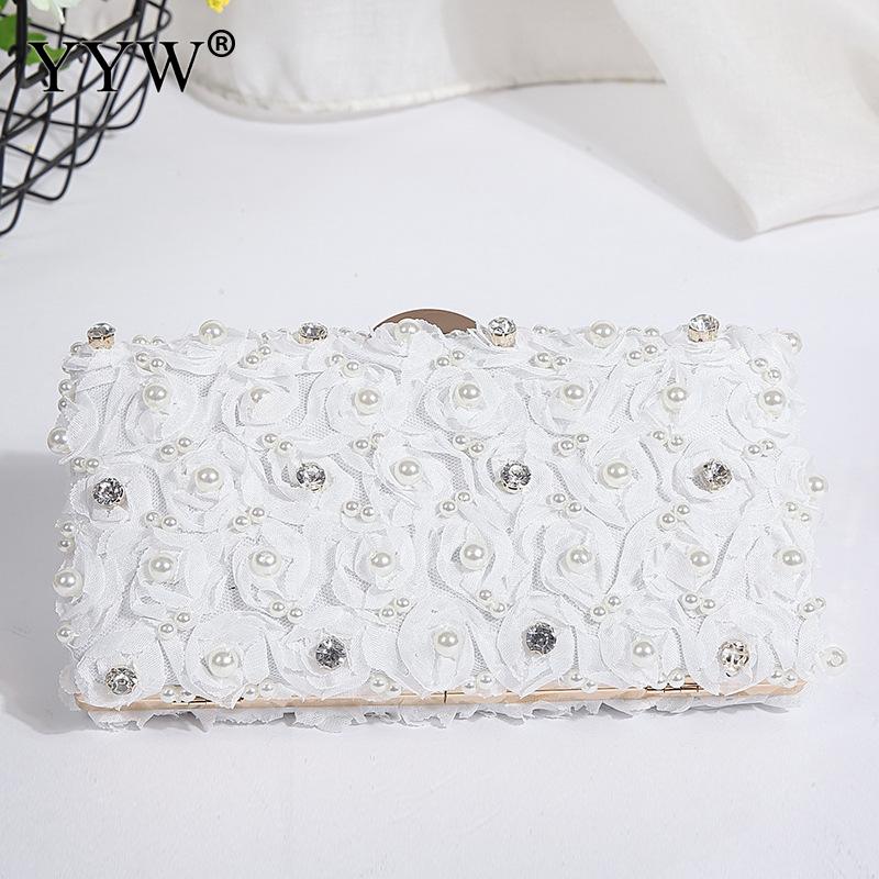 YYW Roze Plastic Parel Bloemen Clutch Met Witte Steentjes Clutch Vrouwelijke Witte Bruiloft Tas Zwart Purse Sac Belangrijkste Femme: white