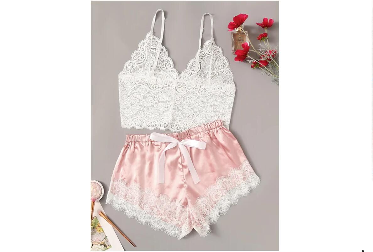 Sommer kvinner sexy pyjamas silke pyjamas sett nattøy dyp v slynge undertøy sett elastisk bowknot shorts dame sommer pyjamas: Rosa / S