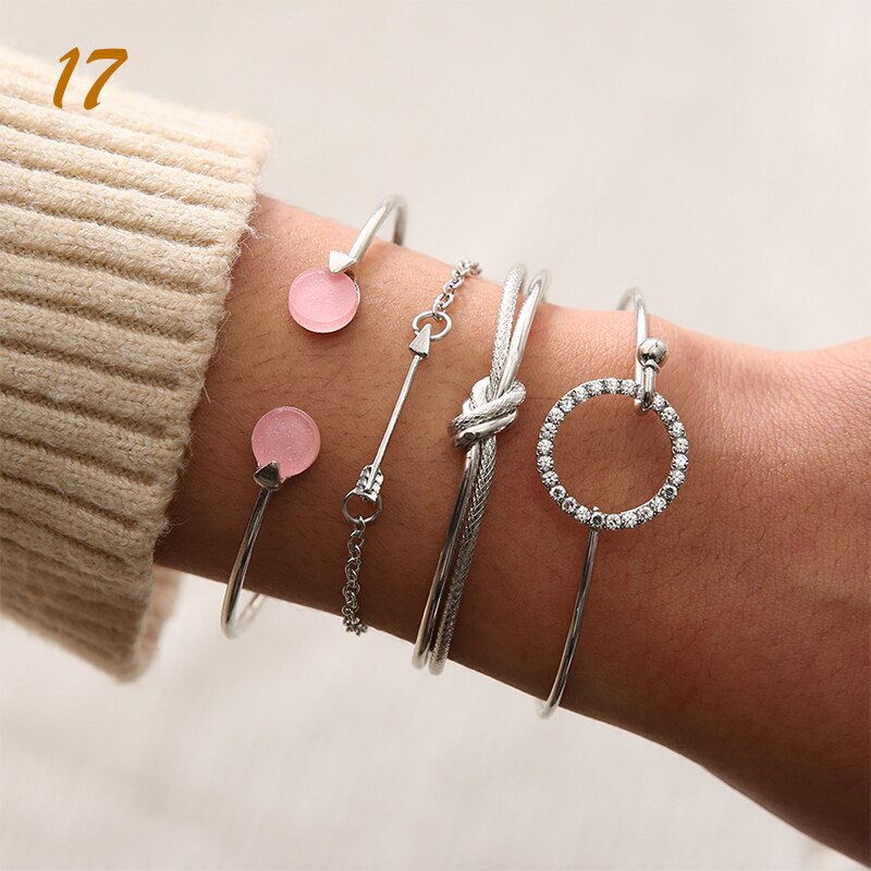 4 unids/set Bohemia Vintage pulseras para las mujeres de la joyería de Boho granos geométricos de la mano de la cadena encanto pulsera brazaletes conjunto Набор: 17