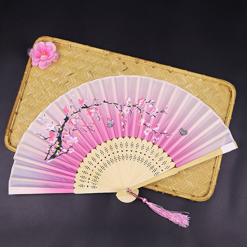 Abanico plegable de estilo Vintage, flor de seda de madera de bambú, Rosa Artificial, japonés, chino, , boda, chica, hombre, baile, decorar el hogar: H