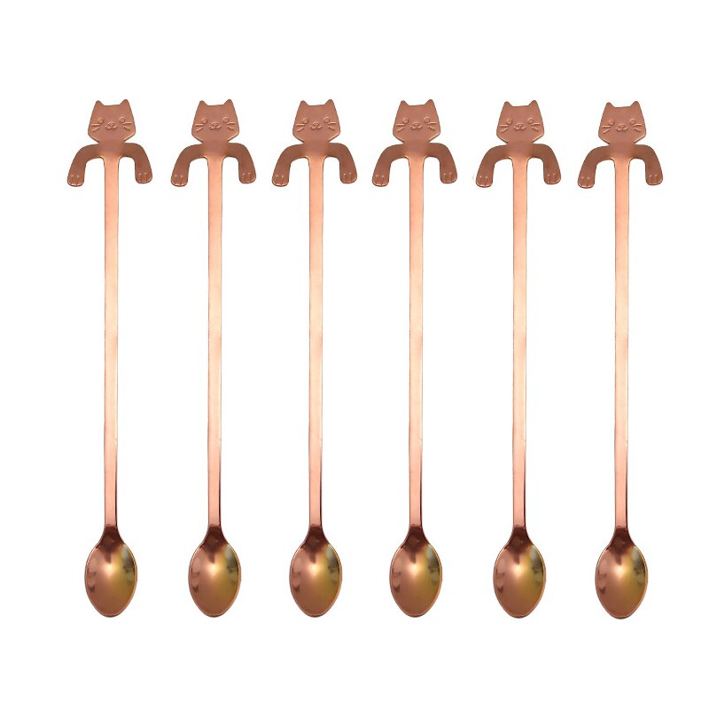 6 pcs Mini Cute Coffee Spoon 12cm 17 cm 304 Stainless Steel Cartoon Cat Spoon Teaspoon Dessert Snack Scoop Milk Spoons Tableware: Rose gold 20cm 6 PCS