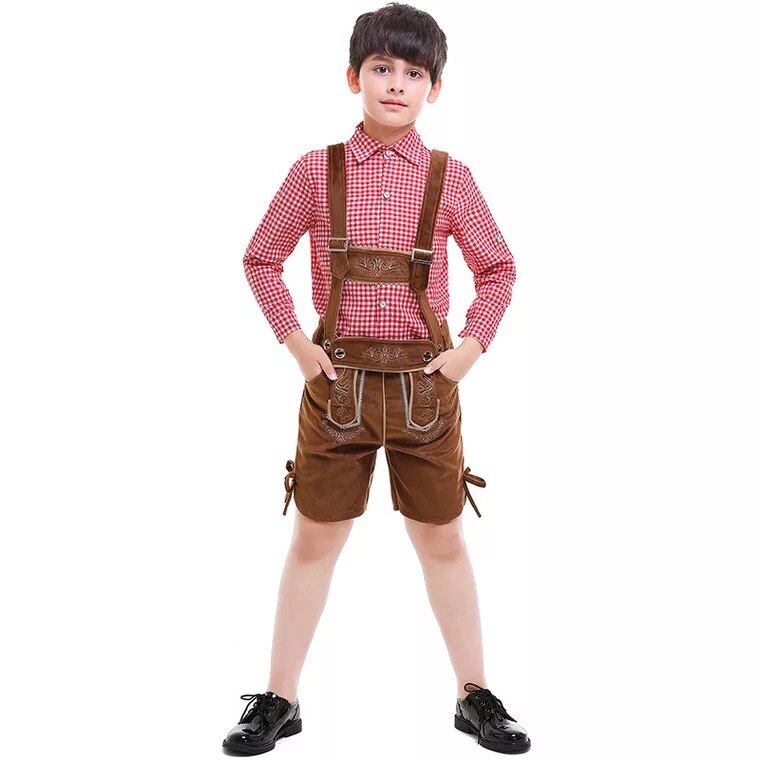 Poikien oktoberfest khaki nahkahousut henkselit ruudullinen toppi paita lasten shortsit housut setti baijerilainen asu nuorille lapsille 5-12t