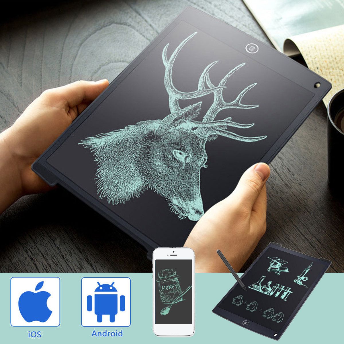 12" Electronic Digital Tablet LCD Handwriting Pad Tablet Drawing Graphics Painting Board Portable Notepad with Pen Black