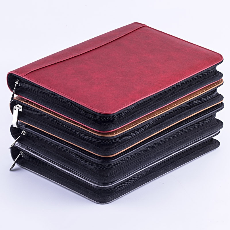 Retro Faux Leather A5 Padfolio with Calculator Binder Zipper Business Notebook File Organizer Folder Manager Briefcase Note Book
