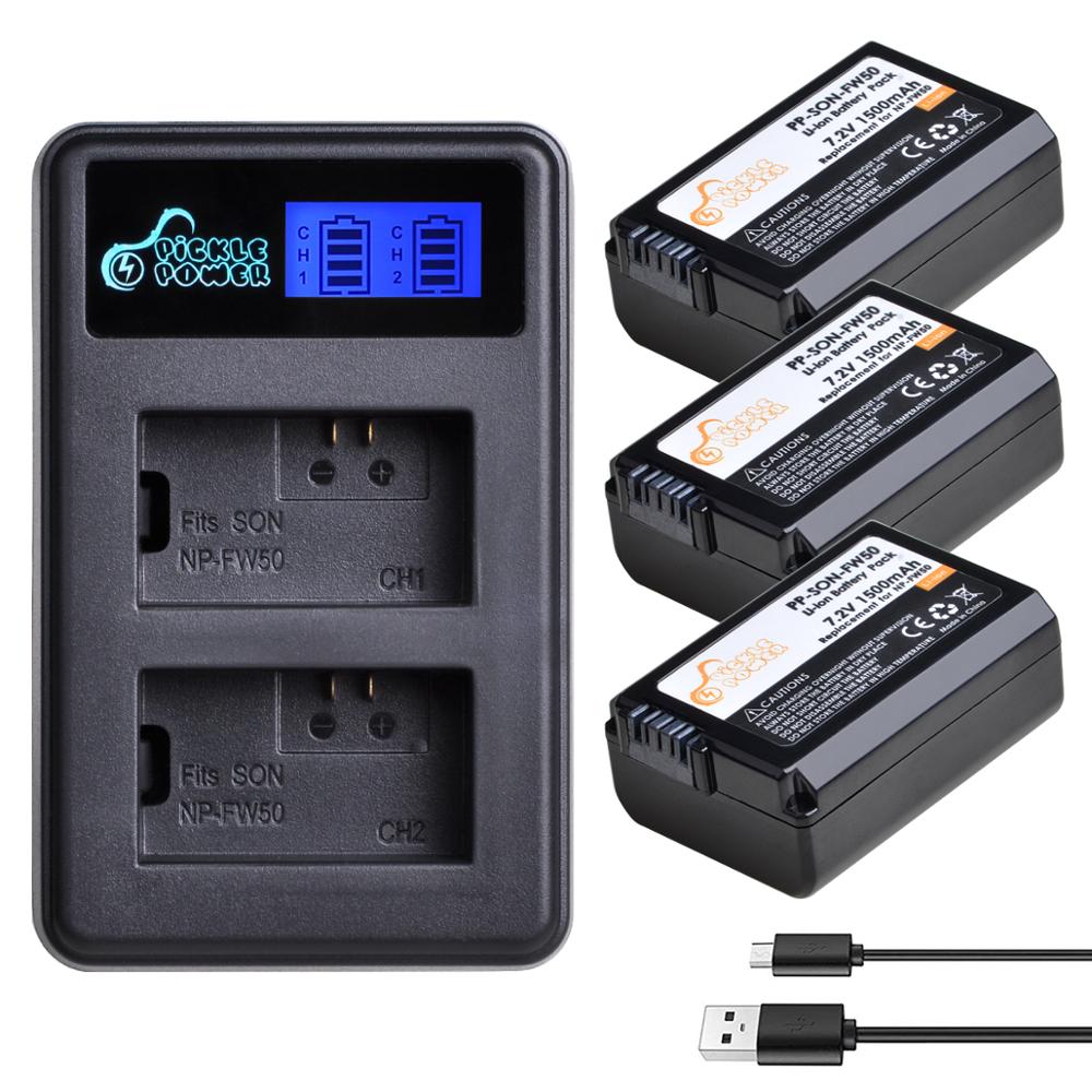 Batería NP-FW50 NP FW50 de 1500mAh y cargador Dual LCD para Sony Alpha a6500, a6300, a6000, a5000, a3000, NEX-3, a7R: 3 battery 1 charger