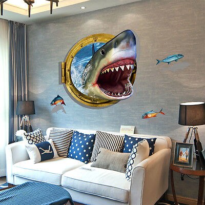 3D Sticker Haai Patrijspoort Muurschildering Sticker Cartoon Zee Haai Muur Art Sticker Home Nursery Decor Diy Kinderen Kamer