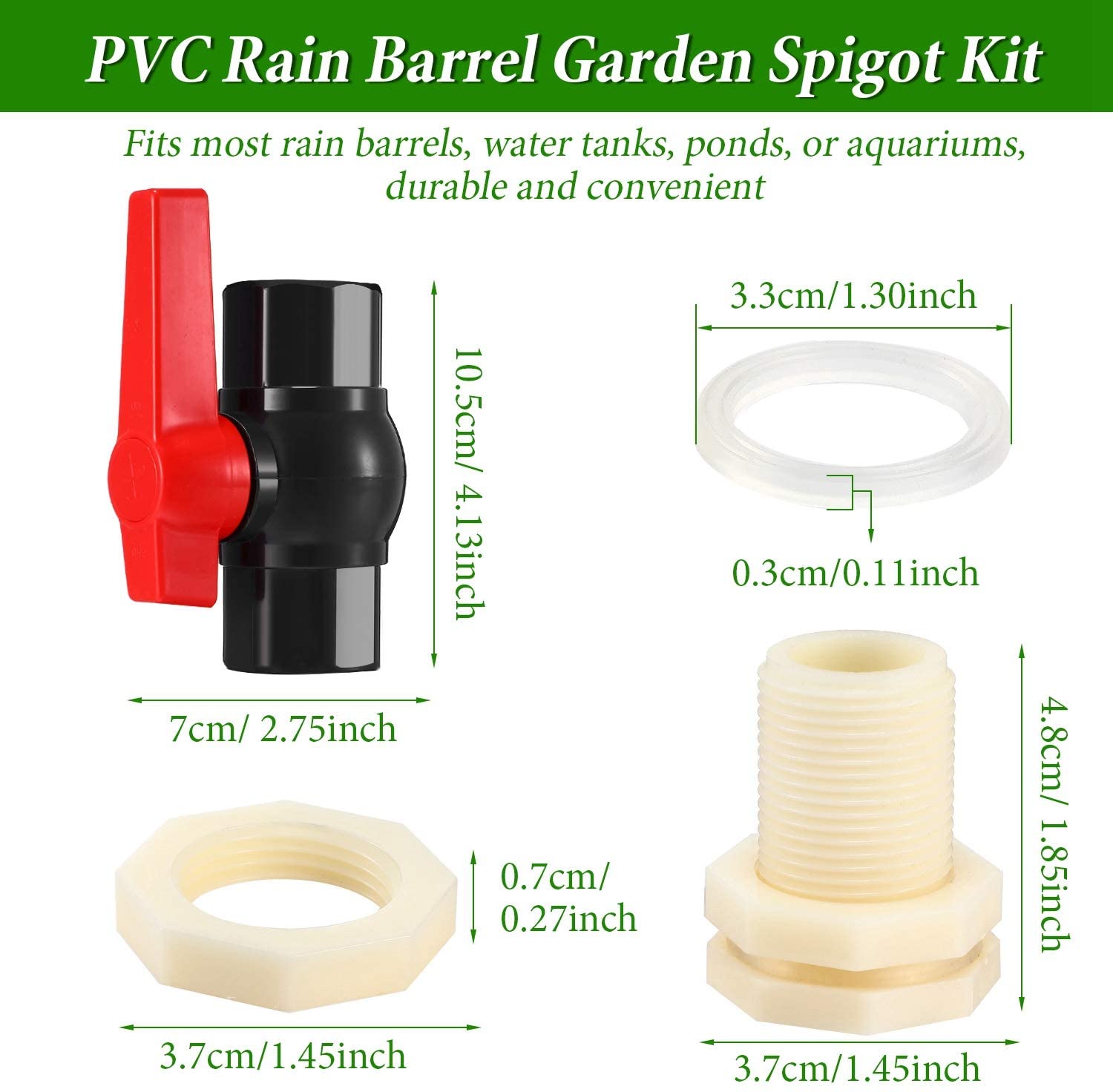 Rain Barrel Spigot Kit 3/4 Inch PVC Ball Valve, Double Female Thread, with Bulkhead Fitting Adapter, Male Thread, for Water Tank