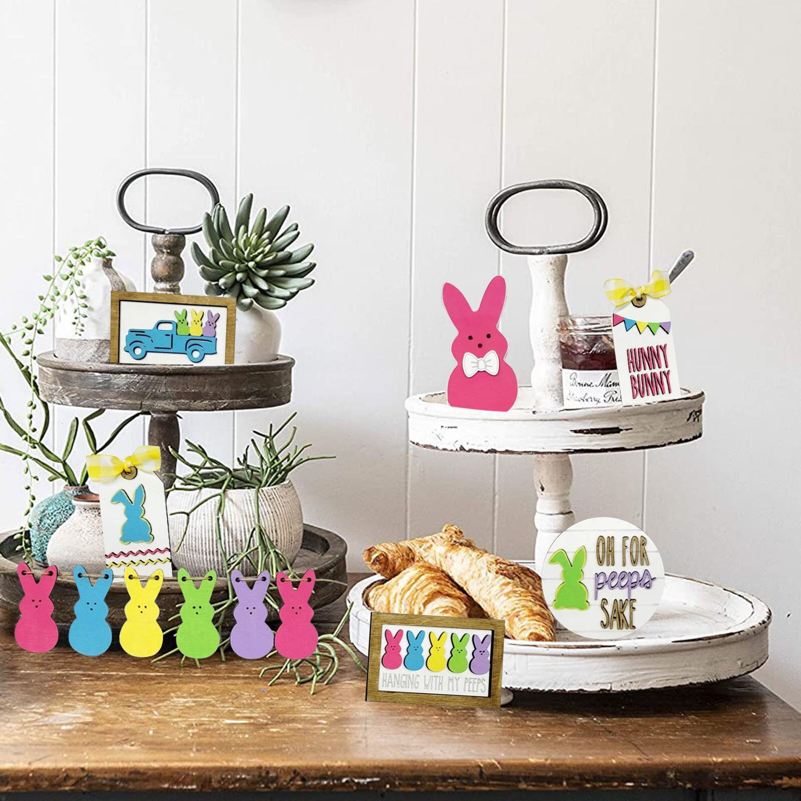 12 Stks/set 2022 Leuke Pasen Konijn Decoraties Rustieke Tiered Lade Items Decoraties Voor Thuis Tafel Huis Kamer Levert