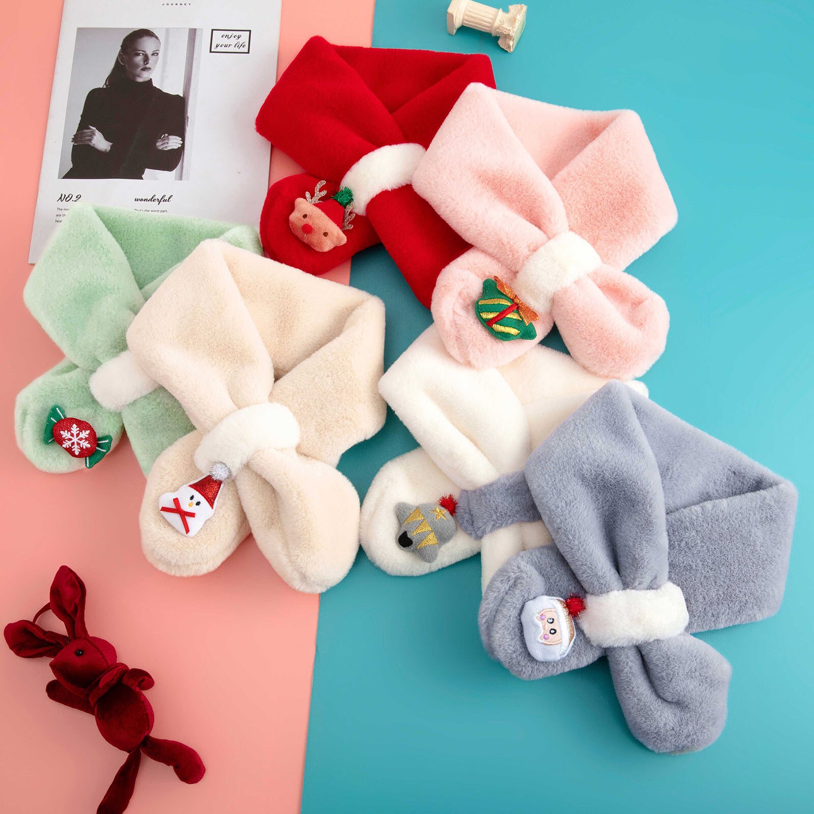 Christmas Cartoon Plush Scarf for Children Scarves Winter Cartoon Embroidery Scarf Boys Girls Xmas