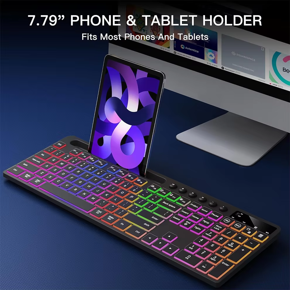 Kabellose Tastatur- und Maus-Kombination mit Hintergrundbeleuchtung, ergonomische Tastatur in voller Größe mit Telefon-Tablet-Halterung, 2,4-G-Maus für PC und Laptop