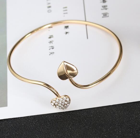 Gold Silver Color Open Bangles for Women Double Heart Crystal Rhinestone Cuff Bracelet Charm Jewelry Adjustable: 1