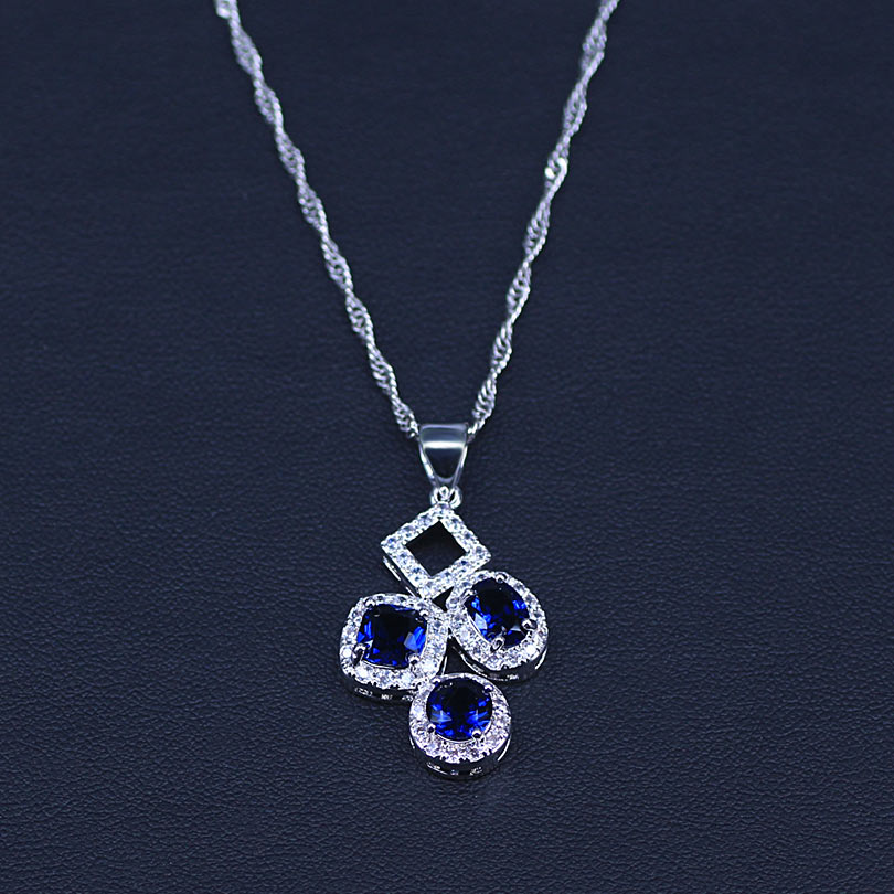 Zilveren bruidssieradensets met blauwe zirkonia, dameshangers en ketting, ring, oorbellen met natuursteen, armbanden en sieradendoos