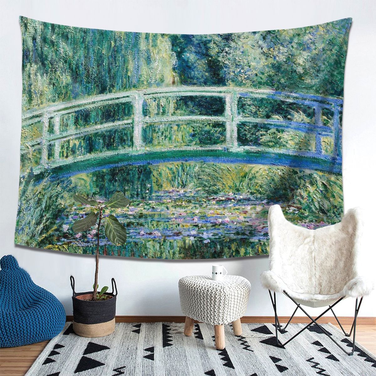 Water Lilies And Japanese Bridge Tapestry Wall Hanging Curtain Monet Art French Painting Wall Cloth Polyester Beach Mat Leisure