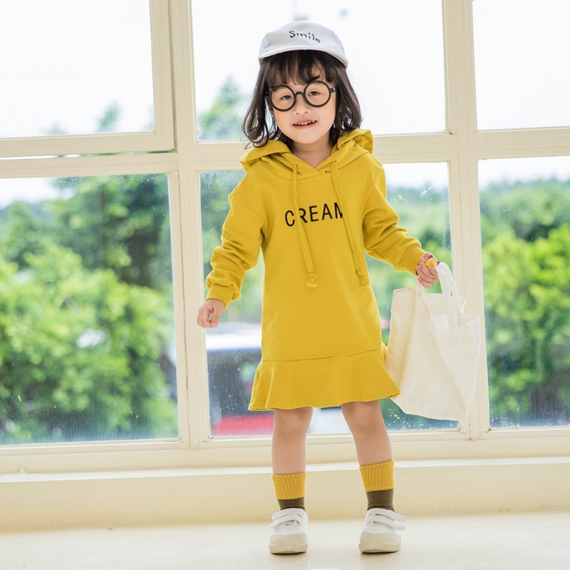 6New Autumn 1-7T Baby Girl Clothes Lovely Toddler Girl Dress Casual Long Sleeve Letter Printing Hoodie Kids Hooded Dress