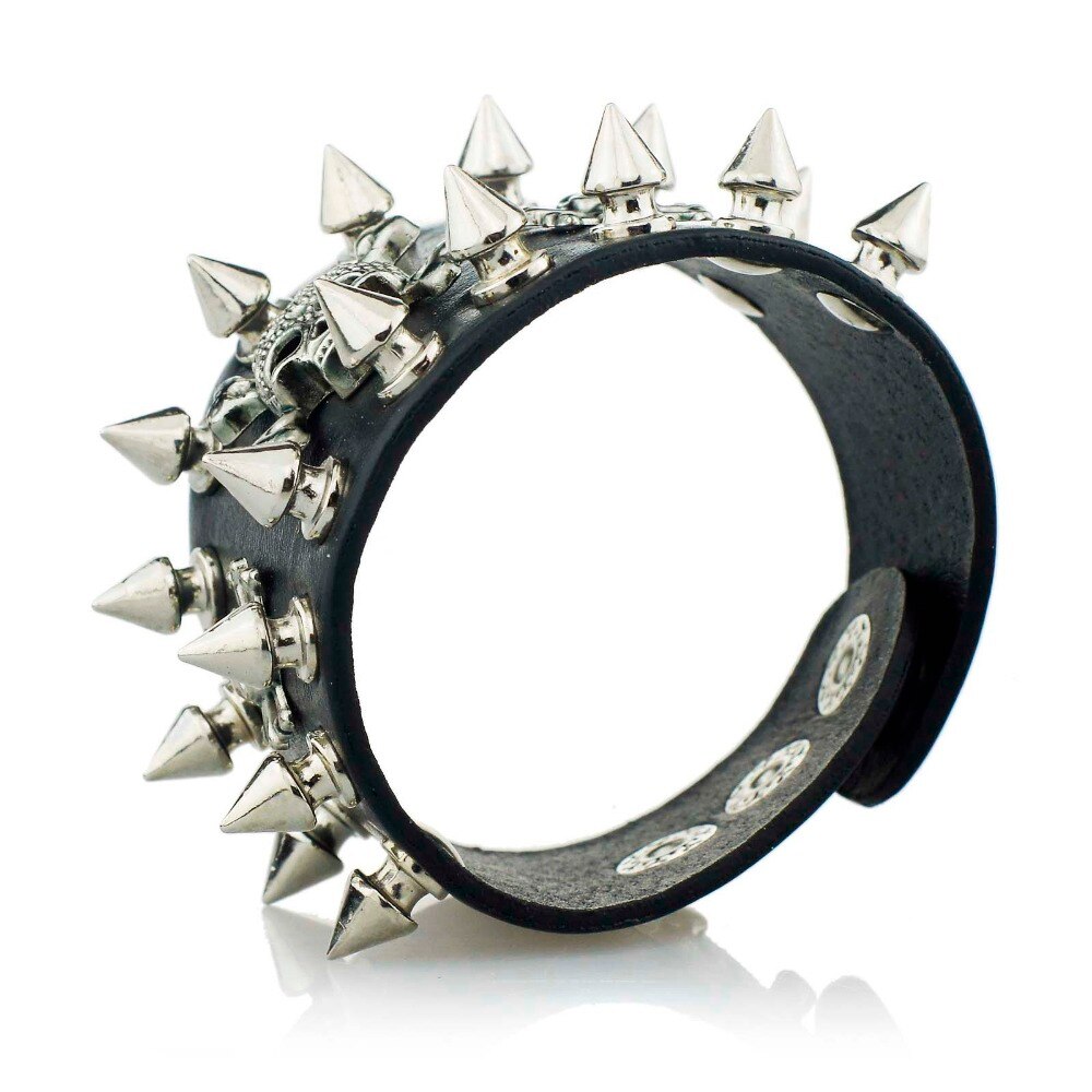 Unique Rock Spikes Rivet Gothic Skeleton Skull Punk Biker Wide Cuff Leather Bracelet S059