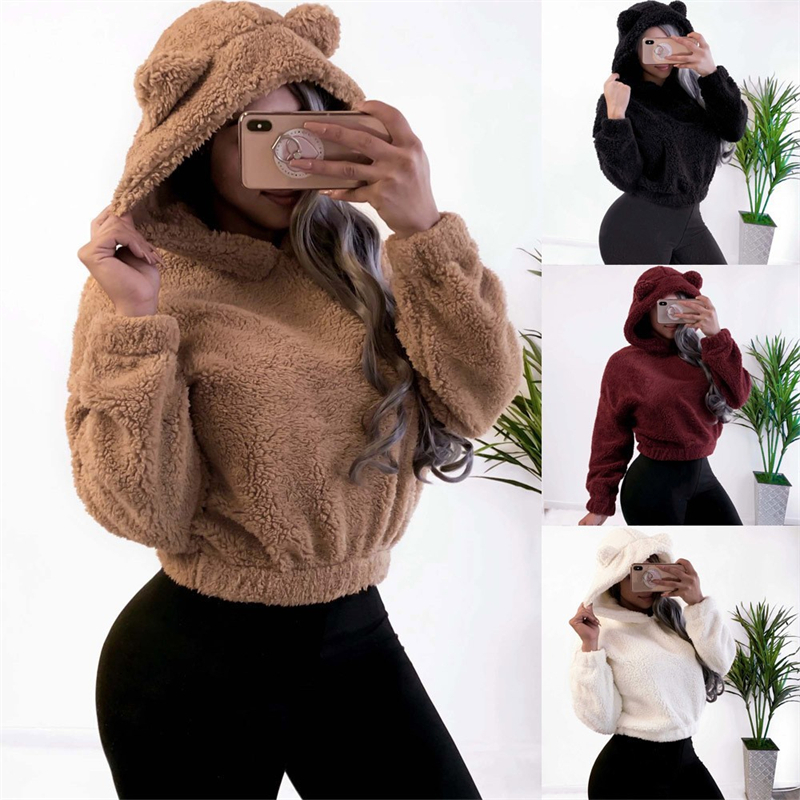 Hiver coréenne oreilles d'ours mignon sweat à capuche ample moelleux à capuche sweat à manches longues haut solide pull vêtements pour les femmes