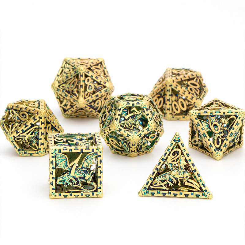 Set di dadi Dnd in metallo cavo prigione e drago D &amp; d D + D dadi D20 D12 D10 D % D8 D6 D4 RPG oro blu poliedro gioco di ruolo dadi