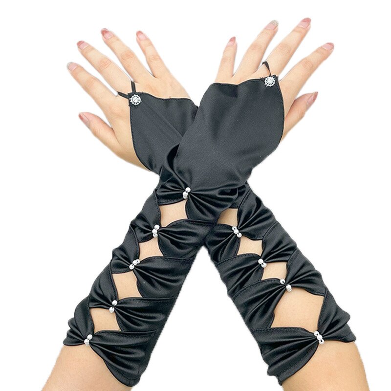 Guantes de novia con lazo de satén blanco, largo, accesorios de boda, 2023: Negro