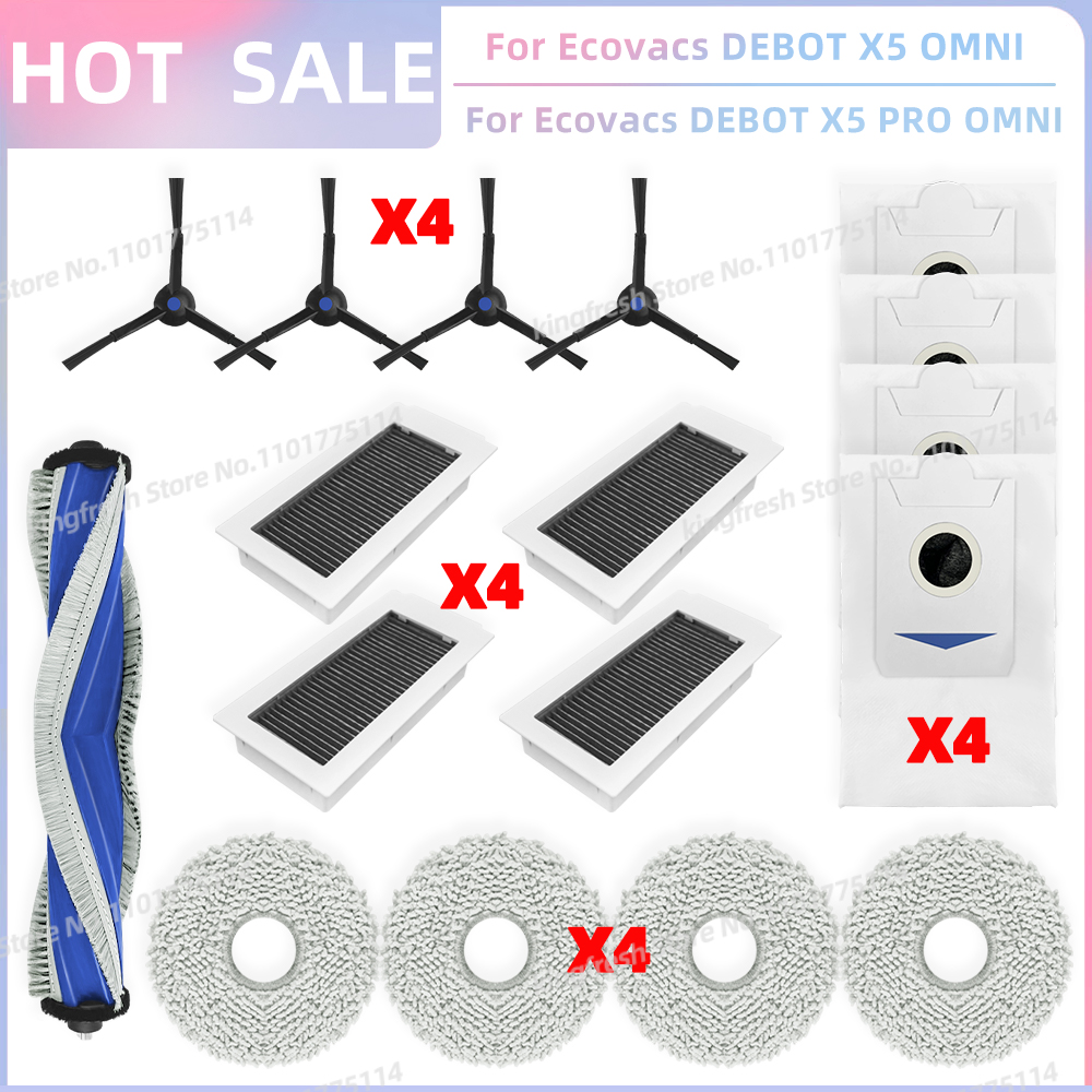 Compatible con piezas de repuesto para aspiradora robot Ecovacs Debot X5 OMNI / X5 PRO OMNI / X5 PRO - rodillo principal, cepillo lateral, filtro Hepa, paño de fregona, bolsa de polvo, accesorios: Gris claro