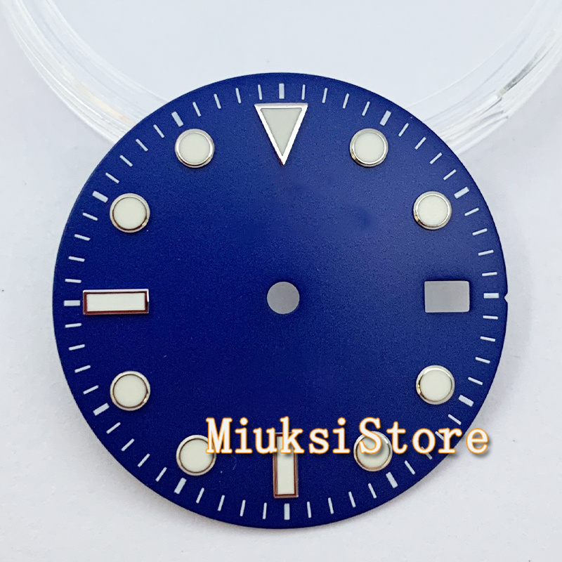 29Mm NH35 Wijzerplaat Steriele Zwart Groen Blauw Roze Horloge Wijzerplaat Met Datum Venster Voor NH35 NH35A Automatische Beweging accessoire Onderdelen: Blue-Silver edge-N