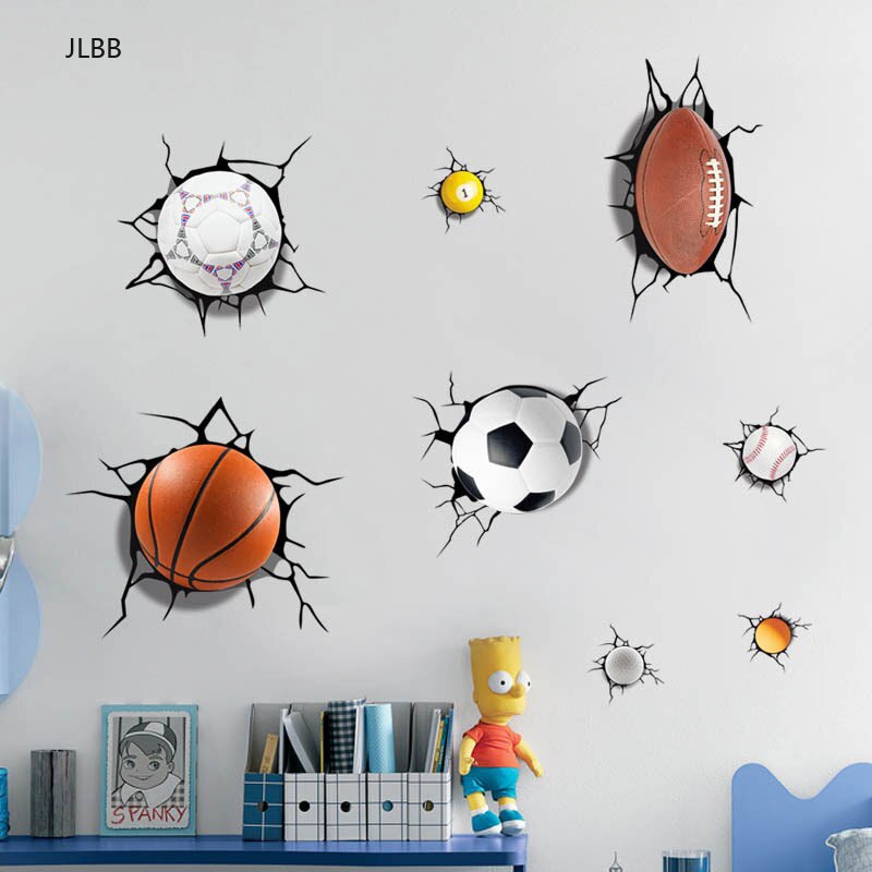 3D A lot of balls Broken wall sticker Football basketball home decals window stickers boys room living room sports decor mural