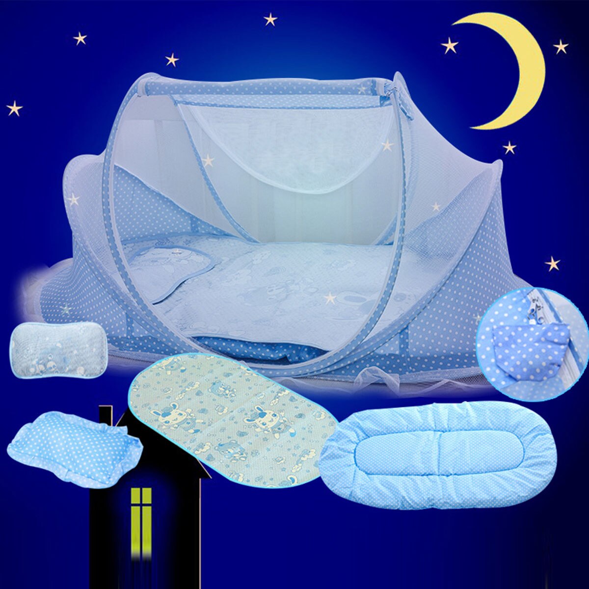 Baby 4pcs Portable Baby Bed Crib Folding Baby Mosquito Net Summer Infants Insect Netting Cushion Mattress Baby Mosquito: Blue