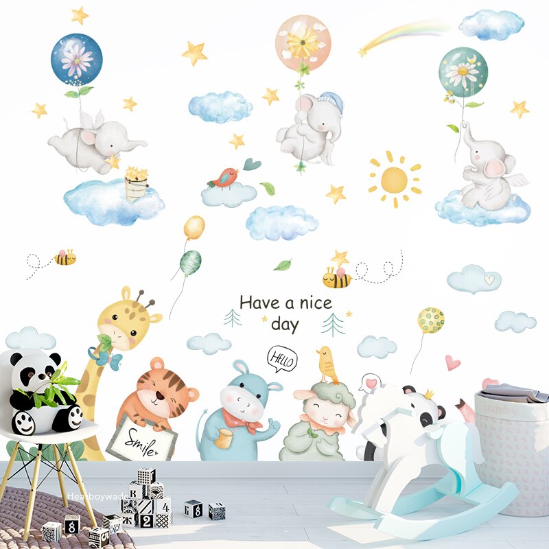 4pcs/set Large Kids Room Wall Stickers Home Decor Cartoon Animal Wall Decals for Nursery Bed Wallpaper Elephant Mural Baby