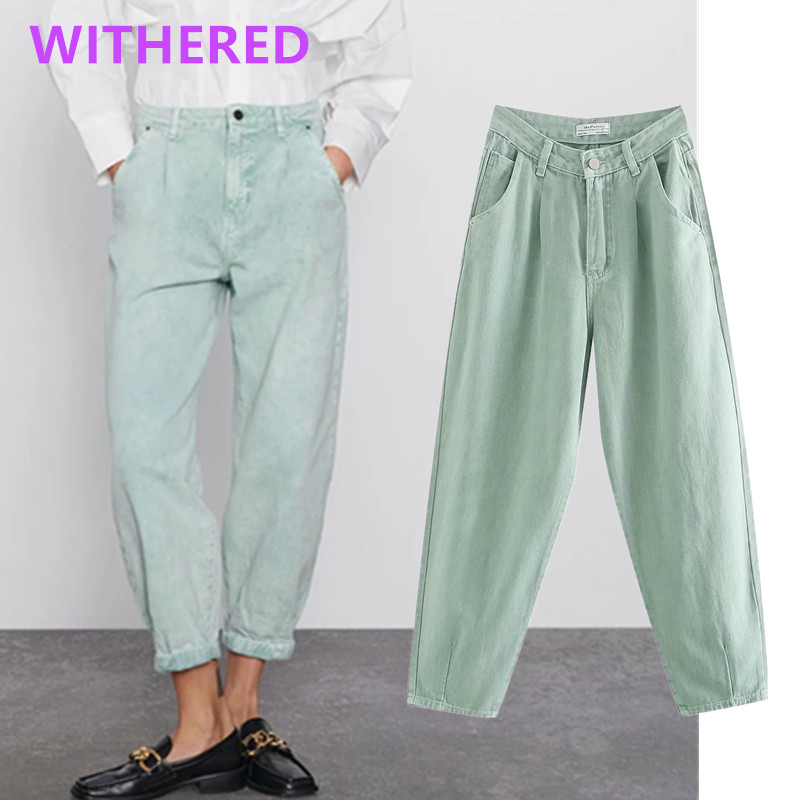 Jenny &amp; Dave Boyfriend Jeans Vintage Lichtgroen Effen Losse Mom Jeans Vrouw Hoge Taille Jeans Geplooide Raap Denim Broek voor Vrouwen