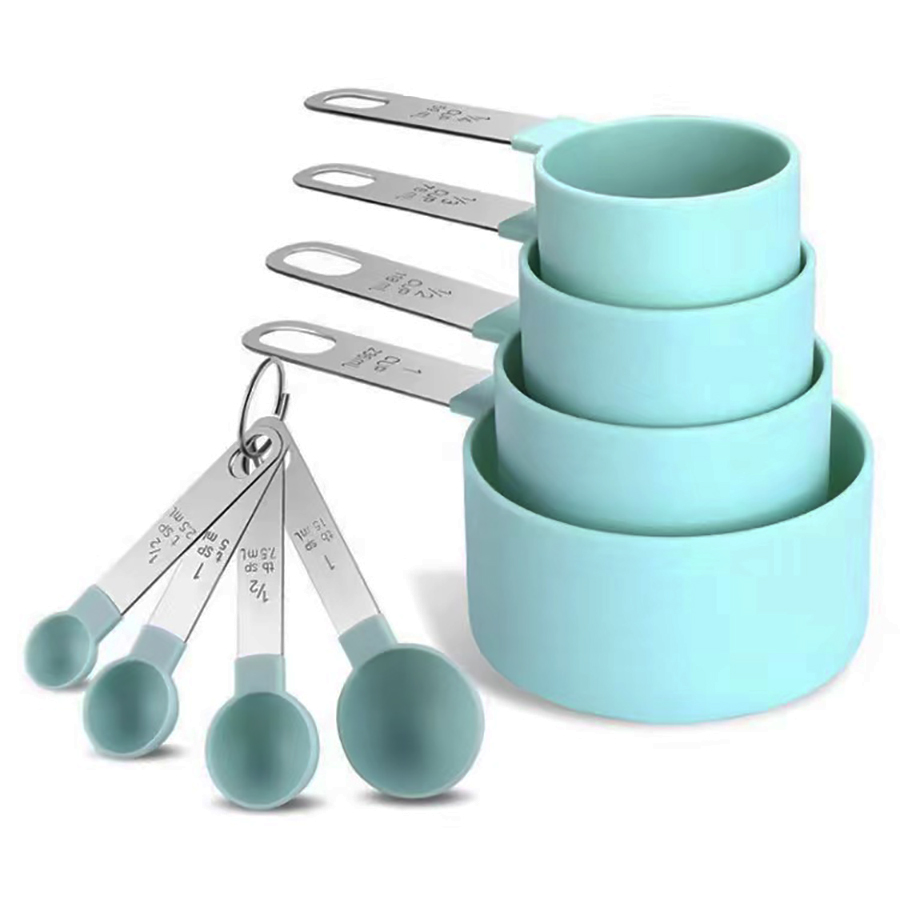 Juego de cucharas y tazas medidoras de plástico, mango de acero inoxidable, herramientas de cocina para hornear, accesorios, aparatos de pesaje, 4 Uds./8 Uds.: violet