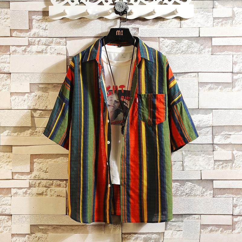 M -5xl vintage kortärmade skjortor för män plus storlek casual randig sommarskjorta regnbåge retro färgglada randskjortor xxxxxl