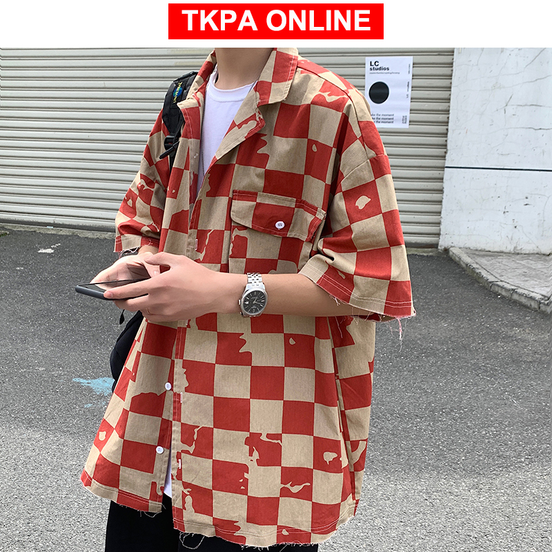 Los hombres coreano a cuadros camisas de manga corta de Verano de las mujeres Harujuku blusas ropa informal japonesa Hip Hop abotonada camisas