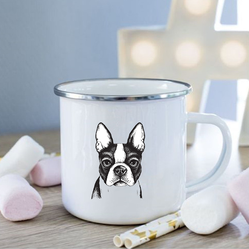 Taza de esmalte con estampado de Bulldog Francés, tazas creativas de café, bebidas, postres, desayuno, leche, tazas Vintage con asa, los mejores: XH518-A015WH-8