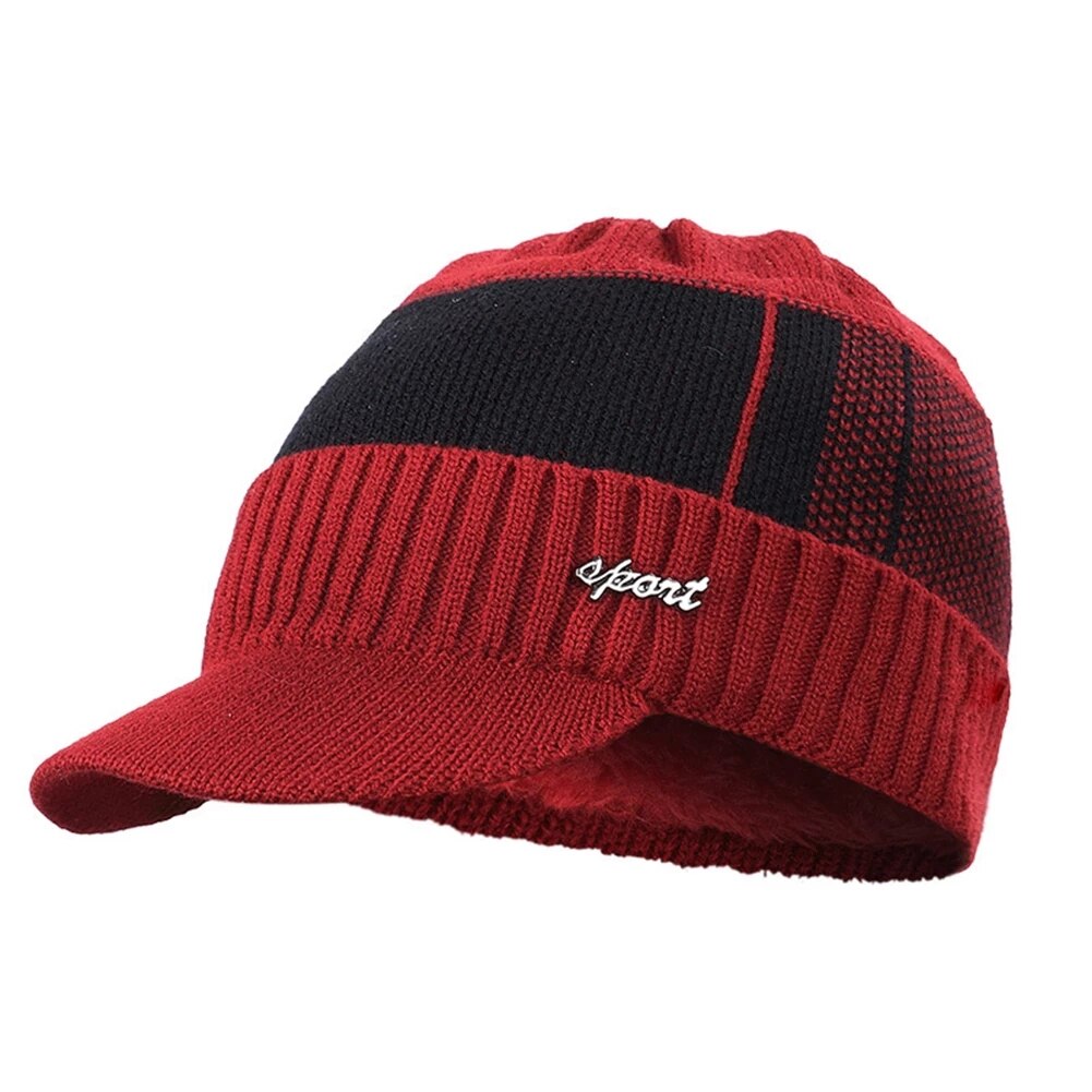 Men Unisex Sports Winter Warm Hat Knit Visor Beanie Fleece Lined Billed Beanie with Brim Cap